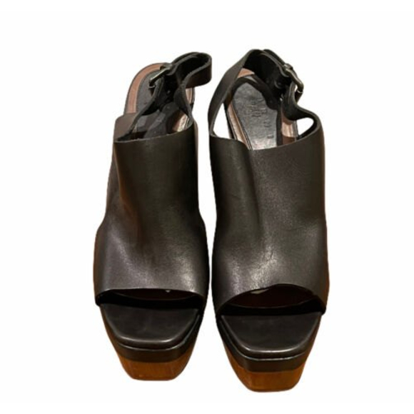 Marni for H&M Black Leather Strappy Plateau Platform Peep Toe Wooden Heels Sz 10 - Picture 5 of 12